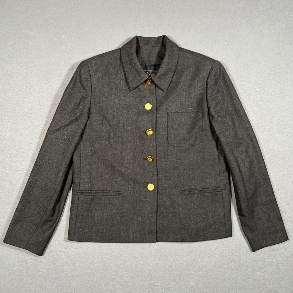 Vintage Burberry Wool Blazer Jacket Womens 4P Petite‎ Gray Collared Gold Buttons